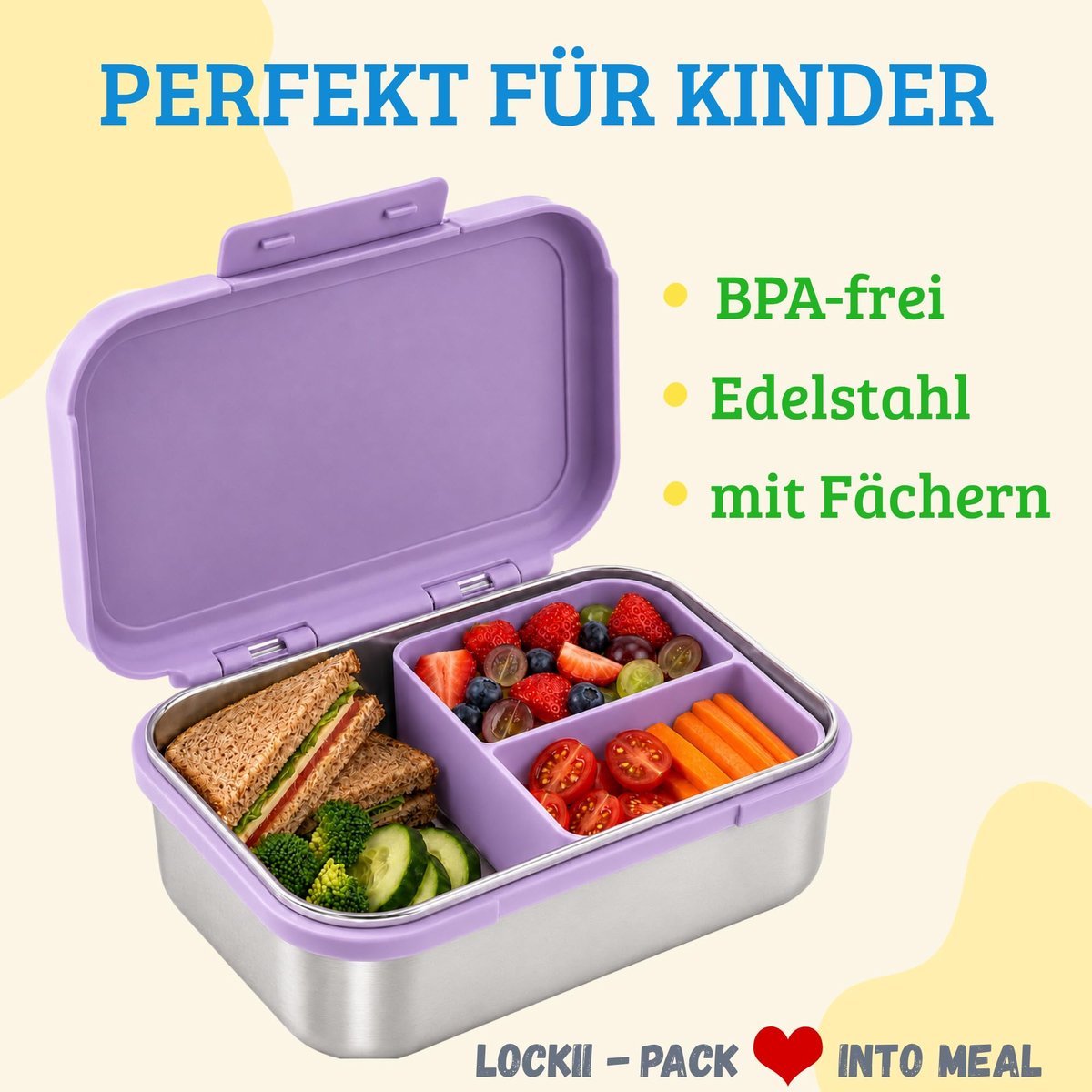 LOCKII Kinderbroodtrommel van roestvrij staal, 1000 ml, met snackbox – Lunchbox met vakken, RVS-bodem en BPA-vrij - ShopVlot