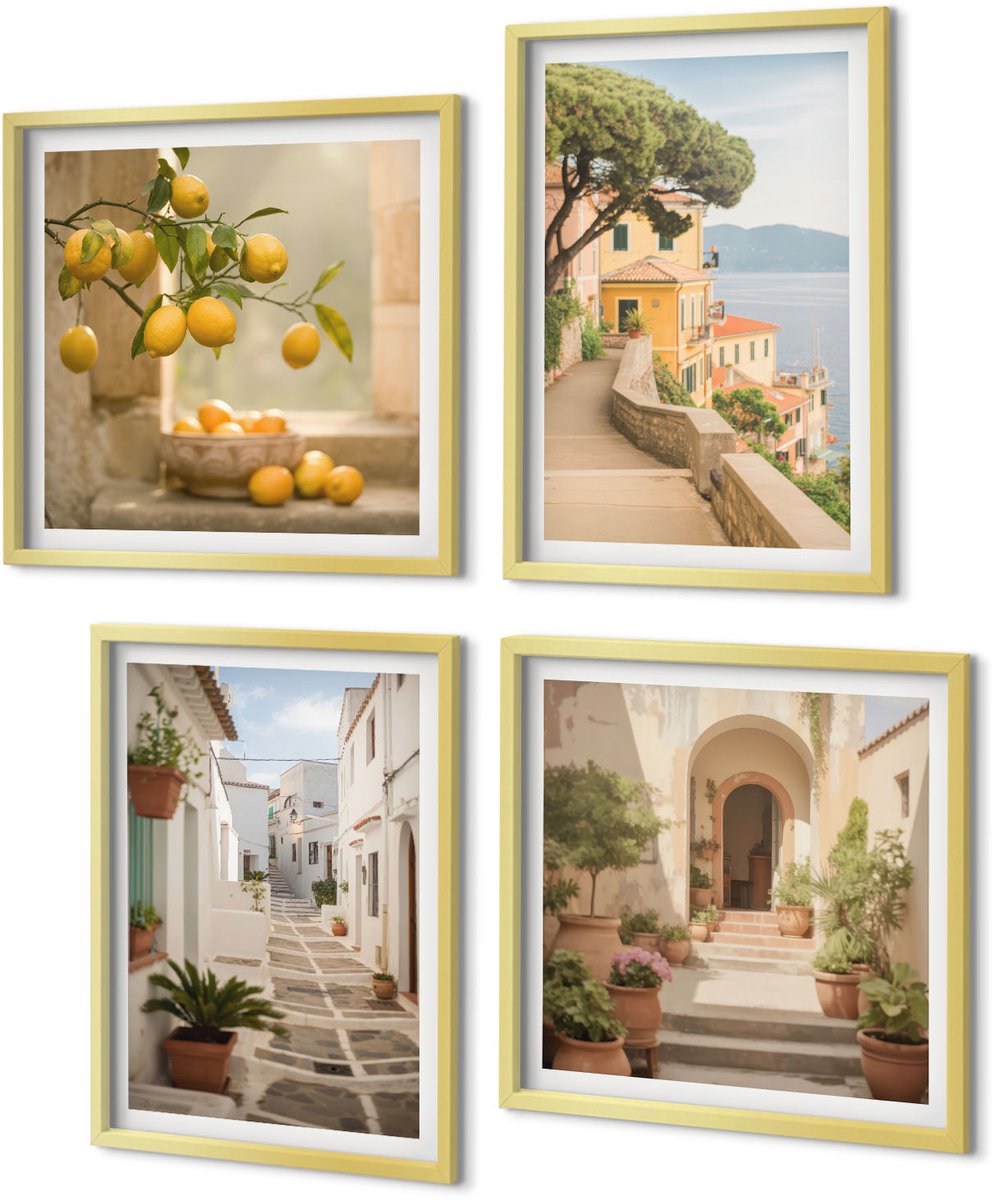 Coloray 4-Delige Schilderij Set - Uitzicht op citrusbomen vanuit het raam en architectuur aan zee. - 40 x 40 cm en 40 x 60 cm - Wanddecoratie - Schilderijen Set - Interieur - Decoratieve Schilderijen