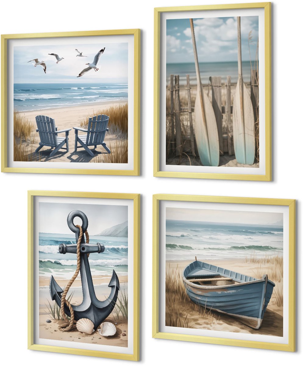 Coloray 4-Delige Schilderij Set - Bootanker en roeispanen op het strand met de zee - 40 x 40 cm en 40 x 60 cm - Muurdecoratie - Interieur Decoratie - Stijlvolle Muurdecoratie
