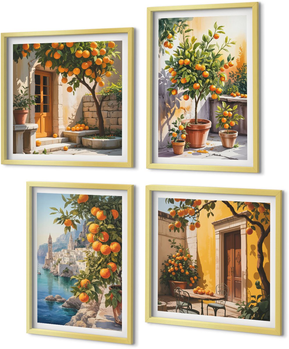 Coloray 4-Delige Schilderij Set - Geschilderde citrusvruchten en kustlandschappen - 40 x 40 cm en 40 x 60 cm - Stijlvolle Wanddecoratie - Interieur - Woonkamer Decoratie