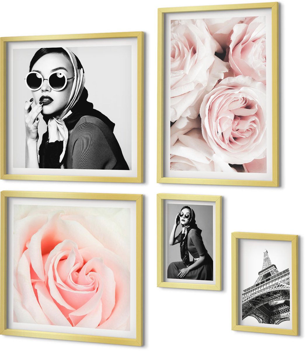 Coloray 5-Delige Schilderij Set - Stijlvolle Portretten En Romantische Rozen In Een Elegante Editie. - 50 x 50 cm, 20 x 30 cm En 40 x 60 cm - Moderne Wanddecoratie - Woonkamer - Woonkamer Decoratie