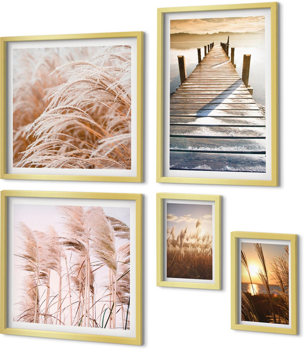 Coloray 5-Delige Schilderij Set - Rustgevende Uitzichten Op De Natuur En Het Water. - 50 x 50 cm, 20 x 30 cm En 40 x 60 cm - Wanddecoratie - Muurdecoratie - Woonkamer - Moderne Wanddecoratie Gouden lijst