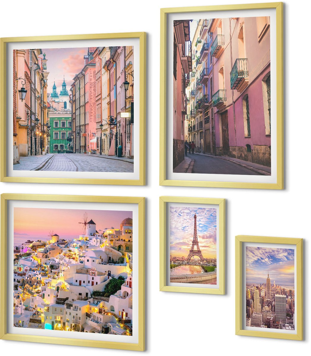 Coloray 5-Delige Schilderij Set - Charmante Steden En Pittoreske Europese Landschappen - 50 x 50 cm, 20 x 30 cm En 40 x 60 cm - Muurdecoratie - Wanddecoratie - Hal