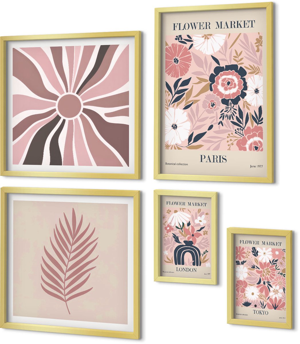 Coloray 5-Delige Schilderij Set - Bloemenmarkten Uit Wereldsteden In Boho-Stijl - 50 x 50 cm, 20 x 30 cm En 40 x 60 cm - Wanddecoratie - Muurdecoratie - Moderne Interieurdecoratie - Interieur Decoratie