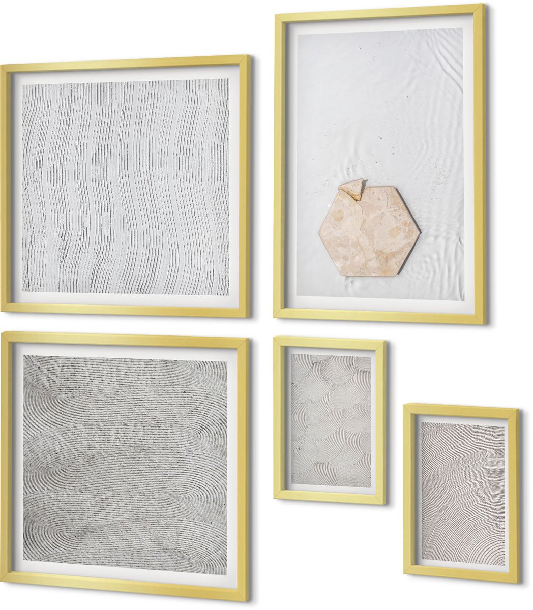 Coloray 5-Delige Schilderij Set - Lichte Texturen Op Zand In Boho-Stijl, Subtiel - 50 x 50 cm, 20 x 30 cm En 40 x 60 cm - Moderne Wanddecoratie - Woonkamer - Stijlvolle Muurdecoratie