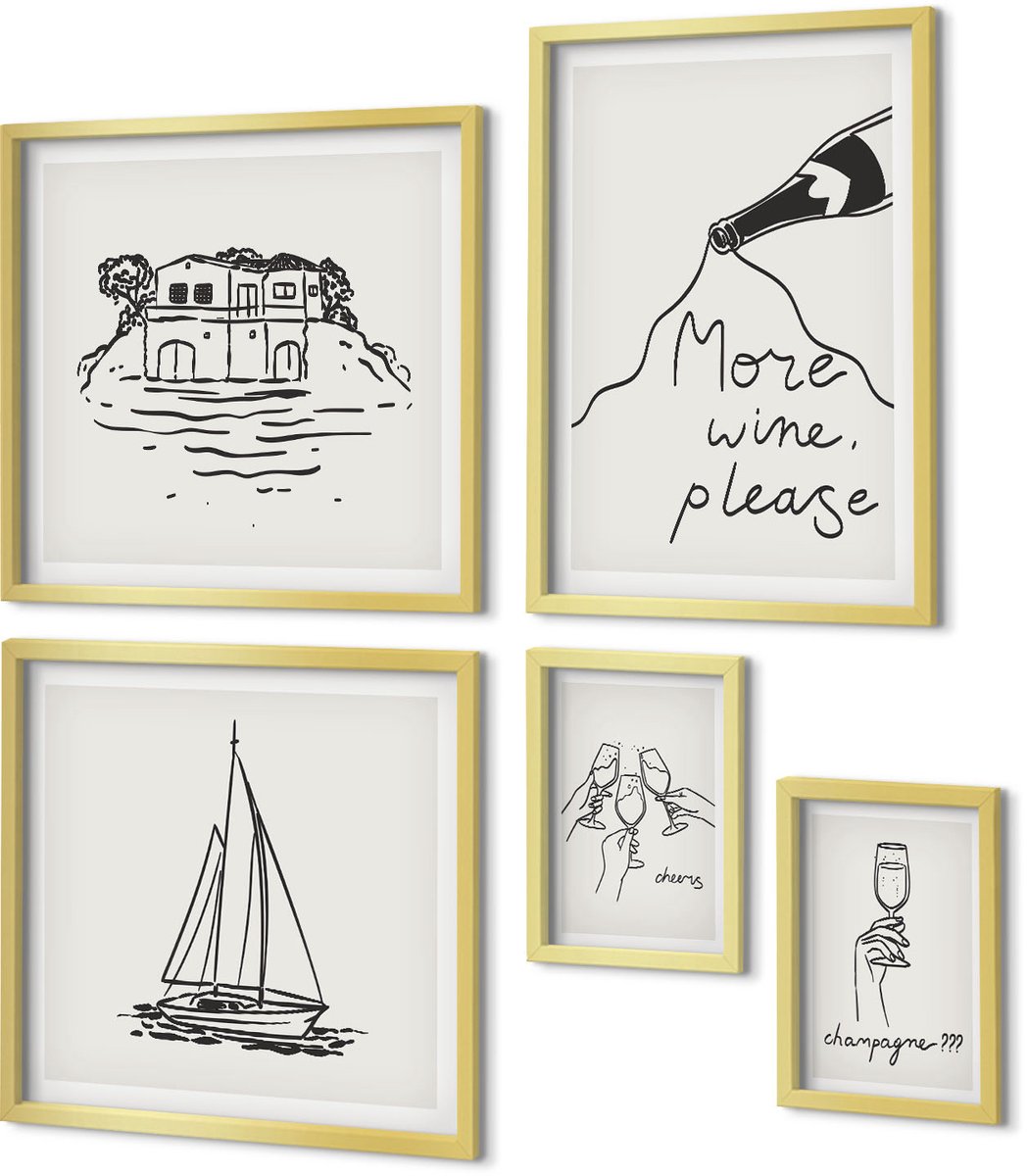 Coloray 5-Delige Schilderij Set - Stijlvolle Afbeeldingen Met Thema'S Als Wijn En Ontspanning Aan Het Water. - 50 x 50 cm, 20 x 30 cm En 40 x 60 cm - Wanddecoratie - Schilderijen Set - Interieur - Decoratieve Schilderijen