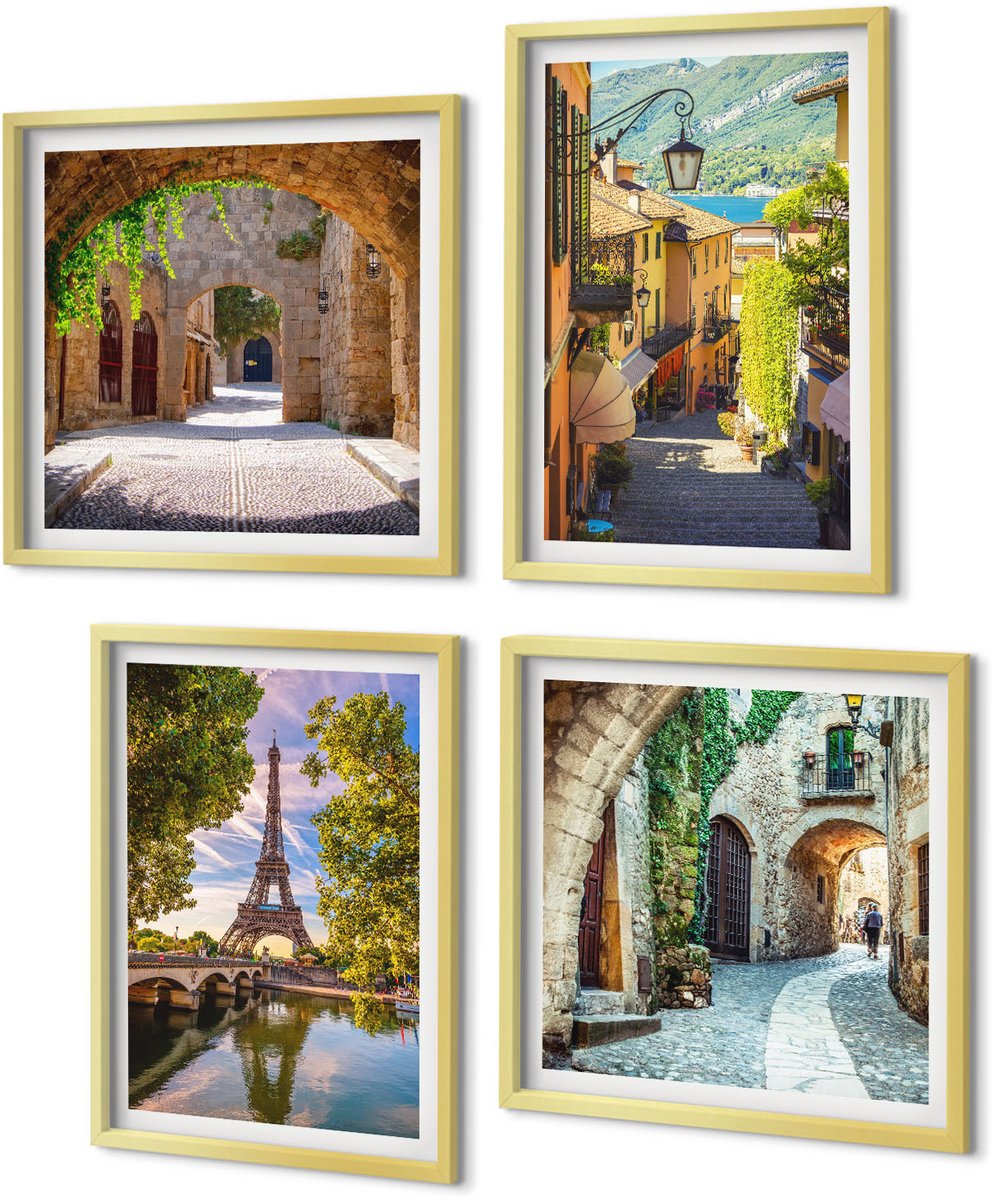 Coloray 4-Delige Schilderij Set - Prachtige straten, historische architectuur, Eiffeltoren - 40 x 40 cm en 40 x 60 cm - Stijlvolle Muurdecoratie - Slaapkamer