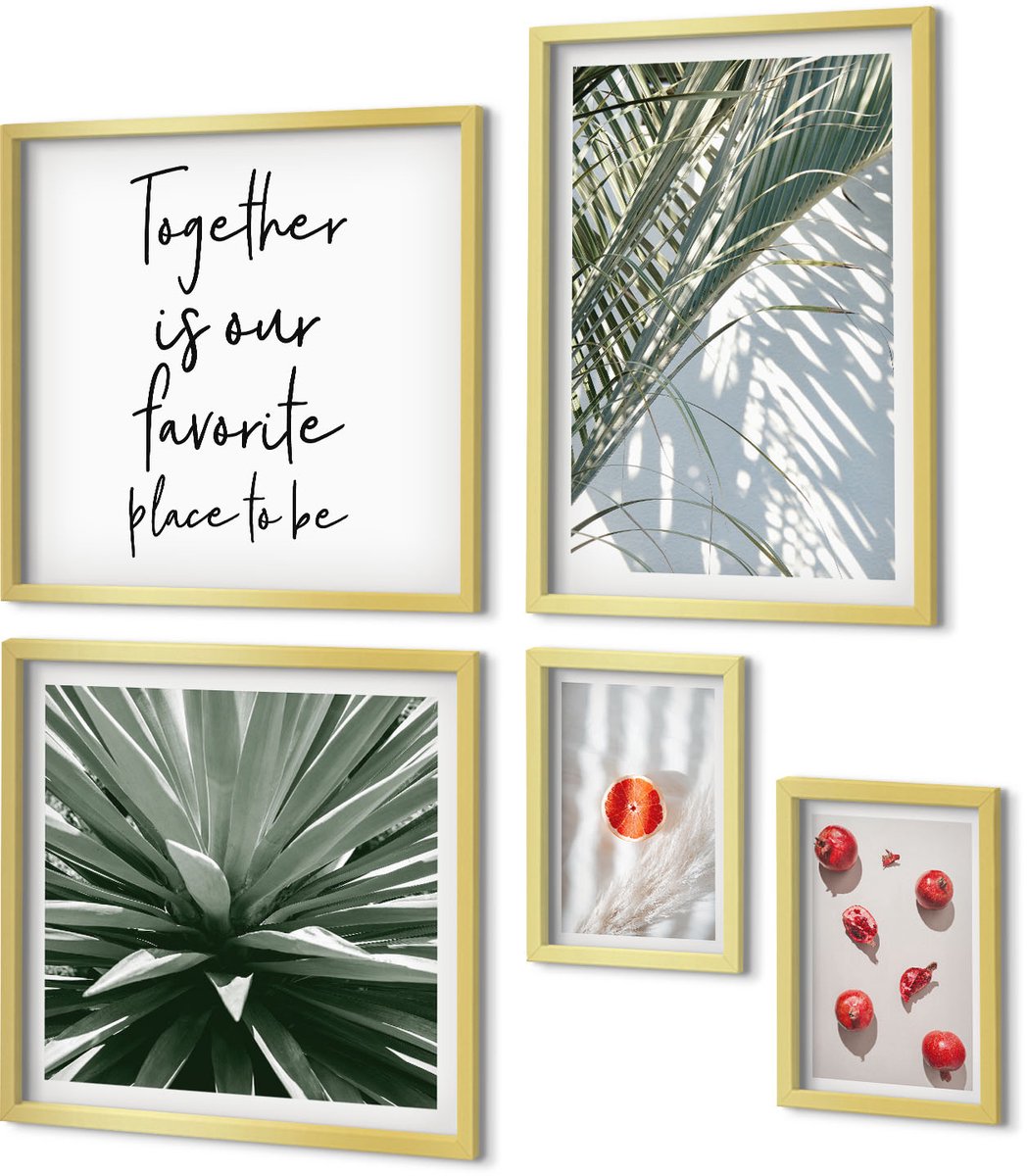 Coloray 5-Delige Schilderij Set - Boho-Stijl Met Plantmotieven En Tropisch Fruit. - 50 x 50 cm, 20 x 30 cm En 40 x 60 cm - Decoratieve Schilderijen - Wanddecoratie - Hal - Moderne Wanddecoratie