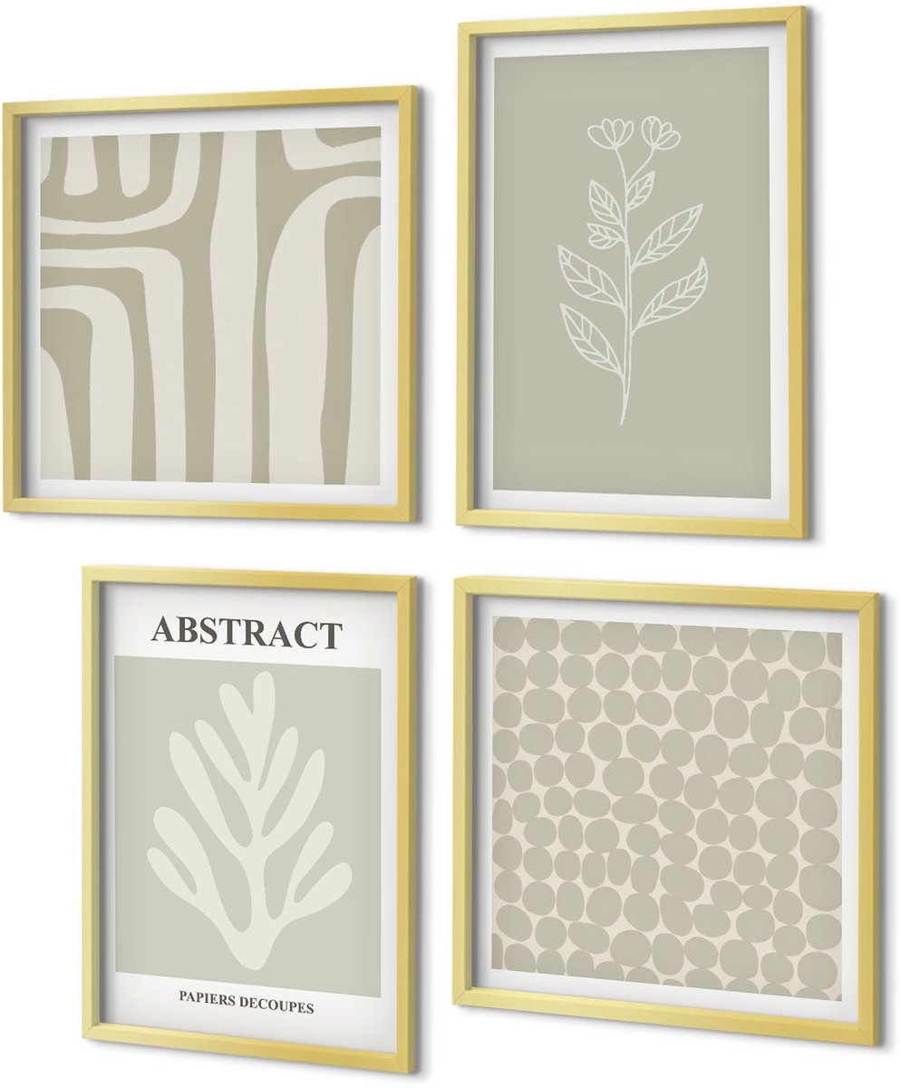 Coloray 4-Delige Schilderij Set - Plantaardige en geometrische patronen in ingetogen kleuren. - 40 x 40 cm en 40 x 60 cm - Moderne Wanddecoratie - Slaapkamer
