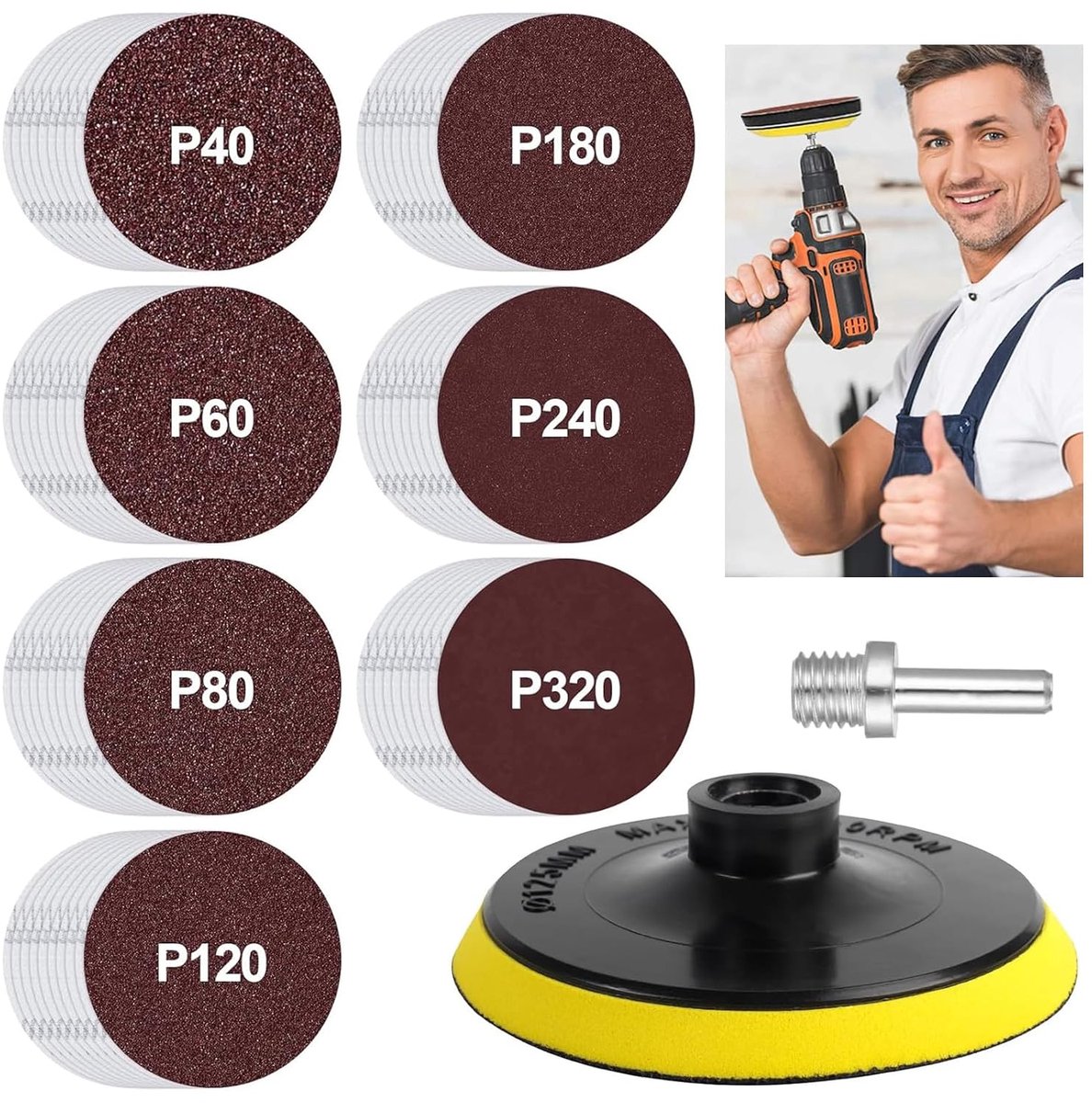 Sanding Discs Pad Kit, Sandpaper, 125 mm, Set, 70 Pieces Sandpaper with Sanding Disc and Shank, Sandpaper, Grit 40 - ShopVlot