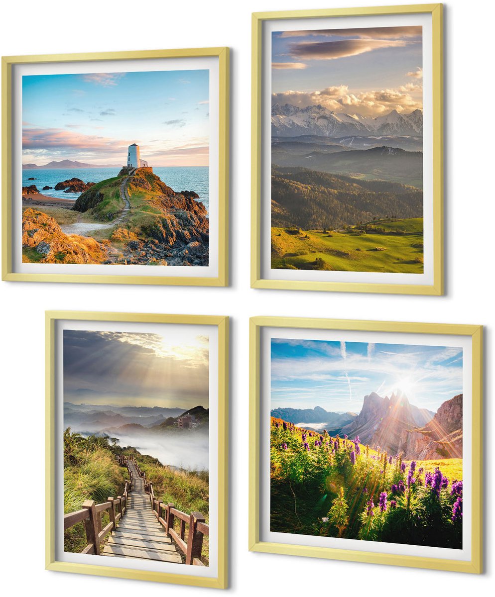 Coloray 4-Delige Schilderij Set - Berglandschappen met bloemen, lucht en pad. - 40 x 40 cm en 40 x 60 cm - Moderne Wanddecoratie - Woonkamer - Stijlvolle Muurdecoratie