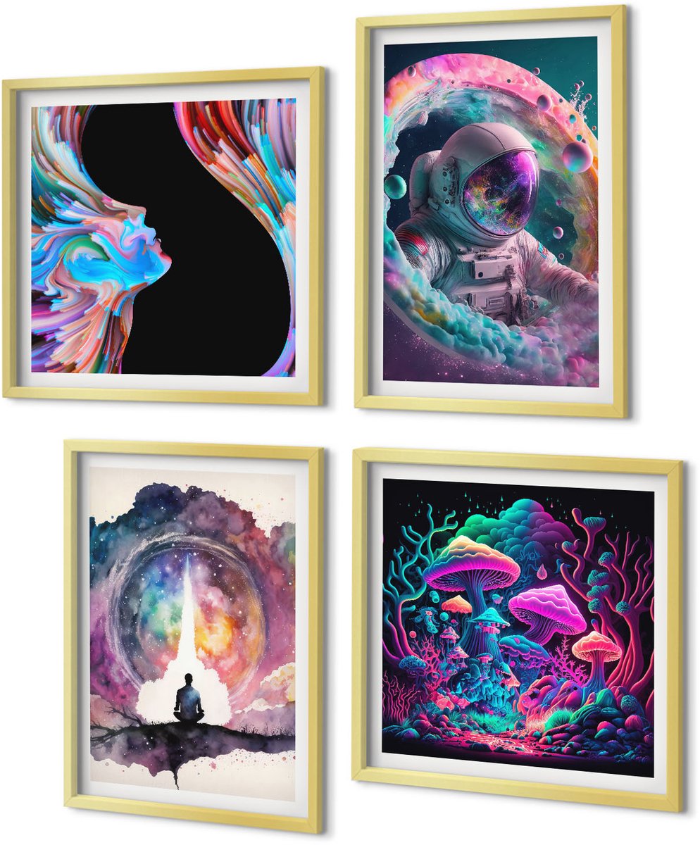 Coloray 4-Delige Schilderij Set - Kleurrijke fantasiekunstillustraties - 40 x 40 cm en 40 x 60 cm - Moderne Wanddecoratie - Slaapkamer