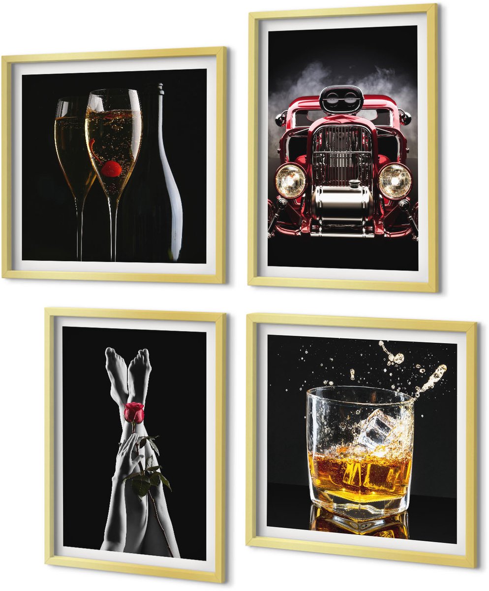 Coloray 4-Delige Schilderij Set - Vrouwenbenen met roos, oude auto, wijn, whisky - 40 x 40 cm en 40 x 60 cm - Moderne Wanddecoratie - Slaapkamer - Decoratieve Schilderijen