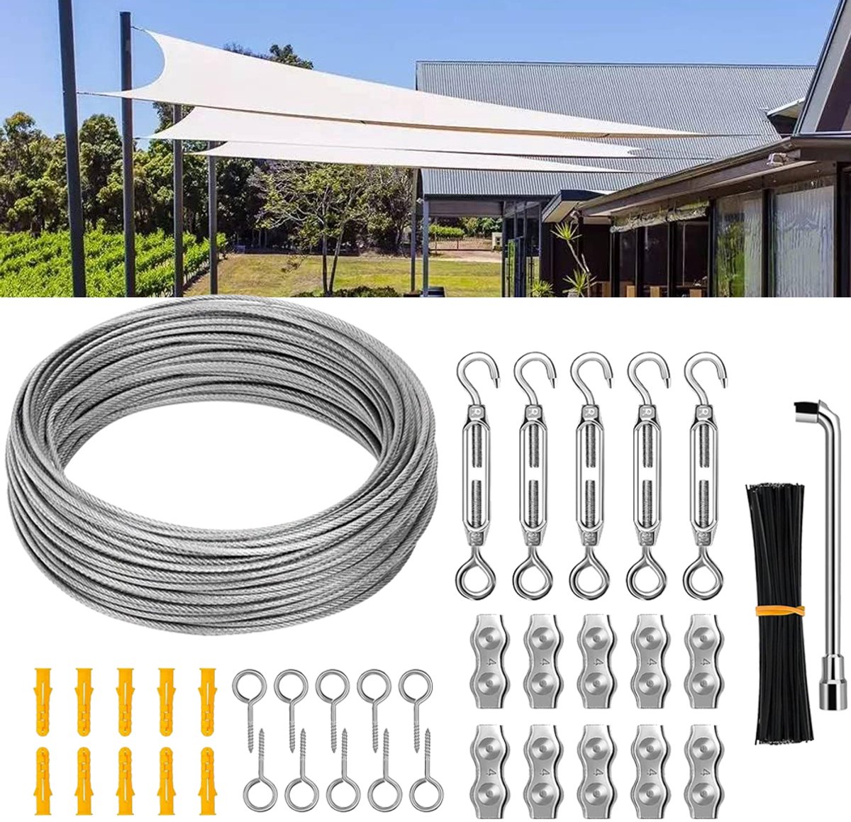 30m Tuinpergola Bouwpakket - Staalkabelset - Roestvrij Stalen Kabel - Metalen Touwklemmen - Draadspanner Voor Klimplanten