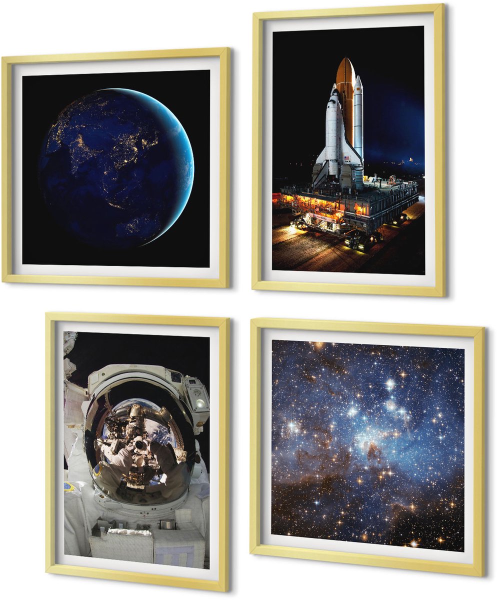 Coloray 4-Delige Schilderij Set - Ruimtebeelden met de aarde, astronaut en raket - 40 x 40 cm en 40 x 60 cm - Decoratieve Schilderijen - Wanddecoratie - Hal - Muurdecoratie
