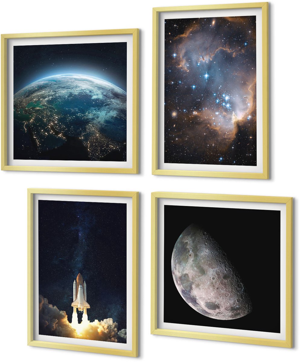 Coloray 4-Delige Schilderij Set - Ruimte Aarde Raket Melkweg Hemel Sterren - 40 x 40 cm en 40 x 60 cm - Wanddecoratie - Woonkamer Decoratie - Moderne Wanddecoratie