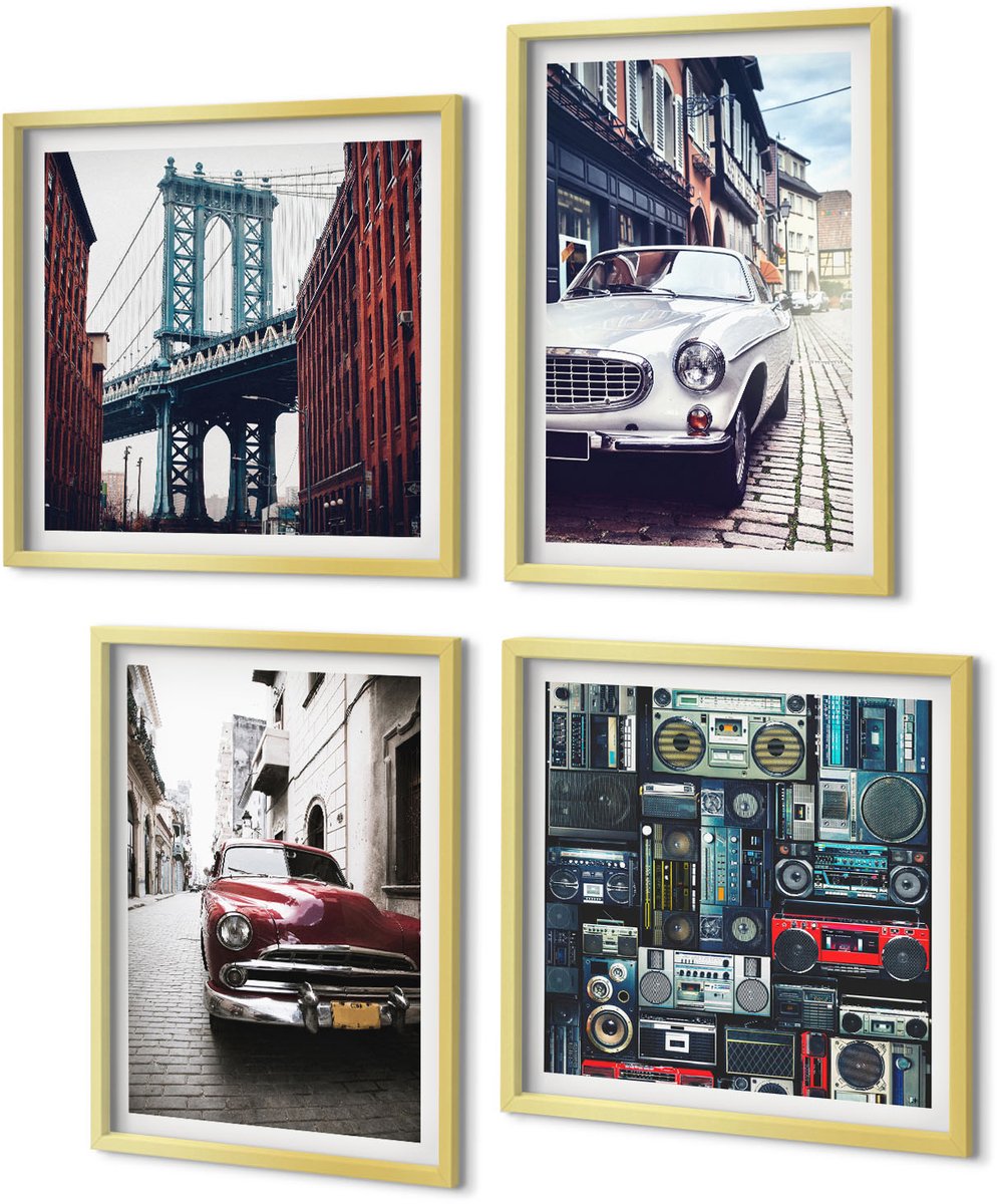 Coloray 4-Delige Schilderij Set - Oude auto's op straat bij de Brooklyn Bridge en retro audioapparatuur - 40 x 40 cm en 40 x 60 cm - Moderne Wanddecoratie - Woonkamer - Decoratieve Schilderijen