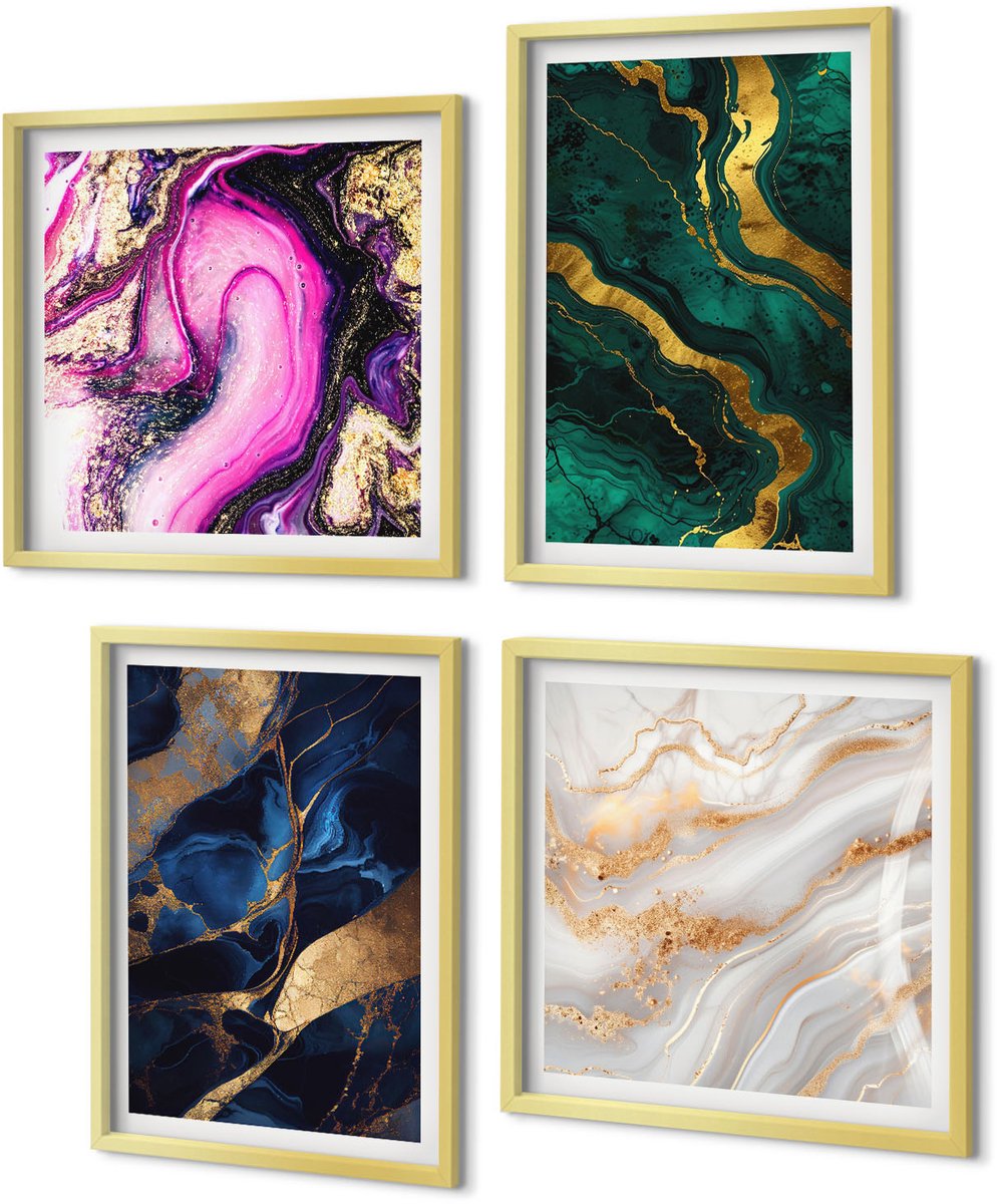 Coloray 4-Delige Schilderij Set - Abstracte marmer- en gemengde kleurpatronen - 40 x 40 cm en 40 x 60 cm - Wanddecoratie - Schilderijen Set - Kantoor - Decoratieve Schilderijen