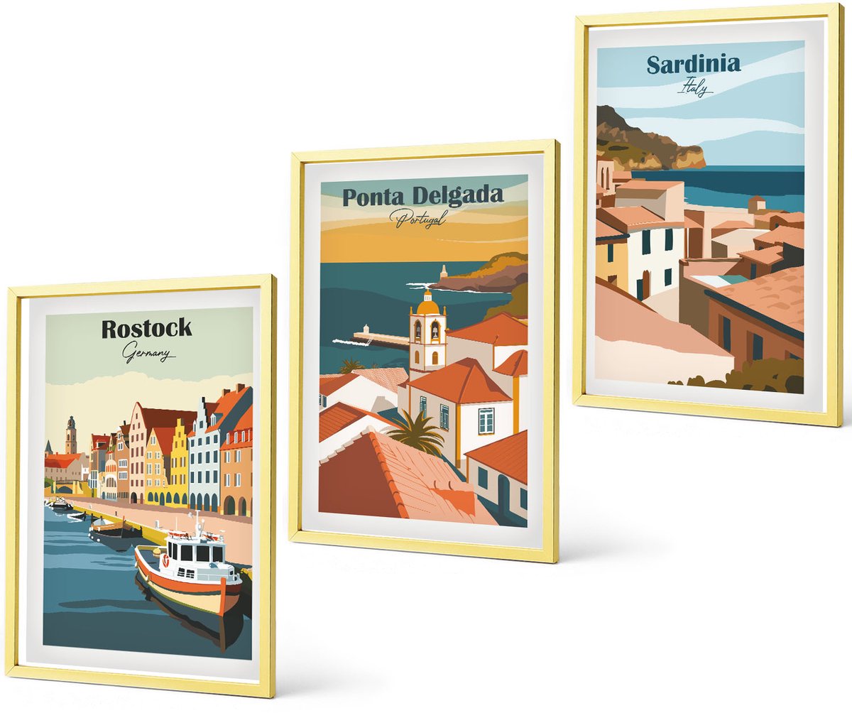 Coloray 3-Delige Schilderij Set - Illustraties Van Keukens In Mediterrane Stijl - 40 x 40 cm En 40 x 60 cm - Wanddecoratie - Schilderijen Set - Interieur - Interieur Decoratie