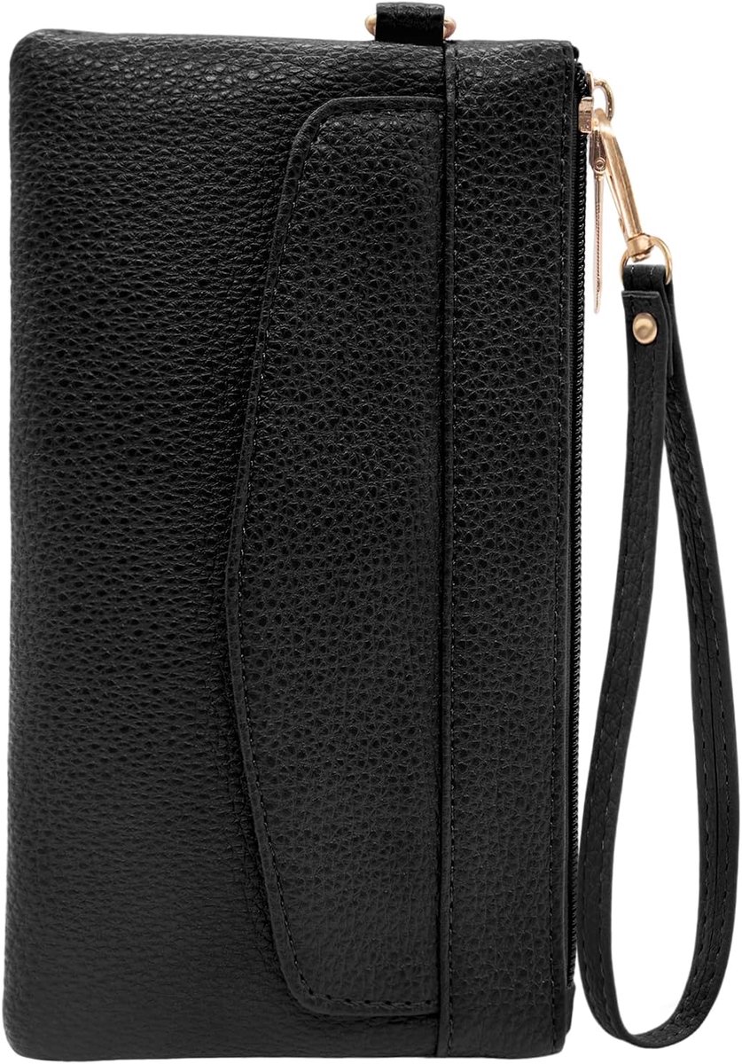 Dames portemonnee lange leren clutch - zwart - met afneembare polsband - handig voor onderweg - ShopVlot