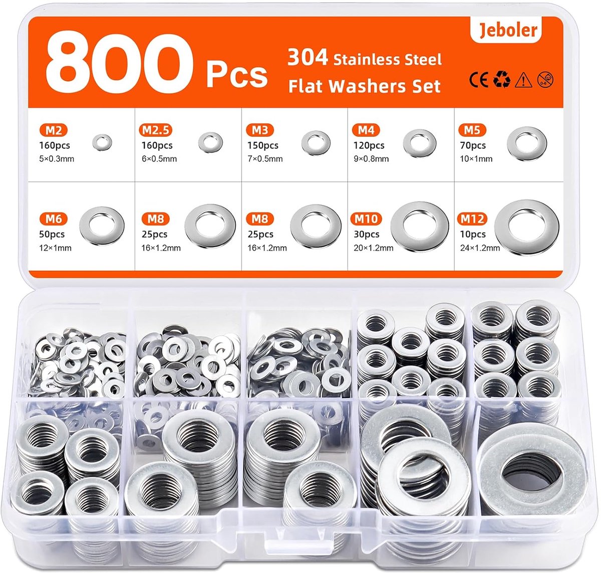 Washer set 800 stuks - Rvs A2 V2A - Kleine vlakke ringen - Voorkomt loskomen - ShopVlot