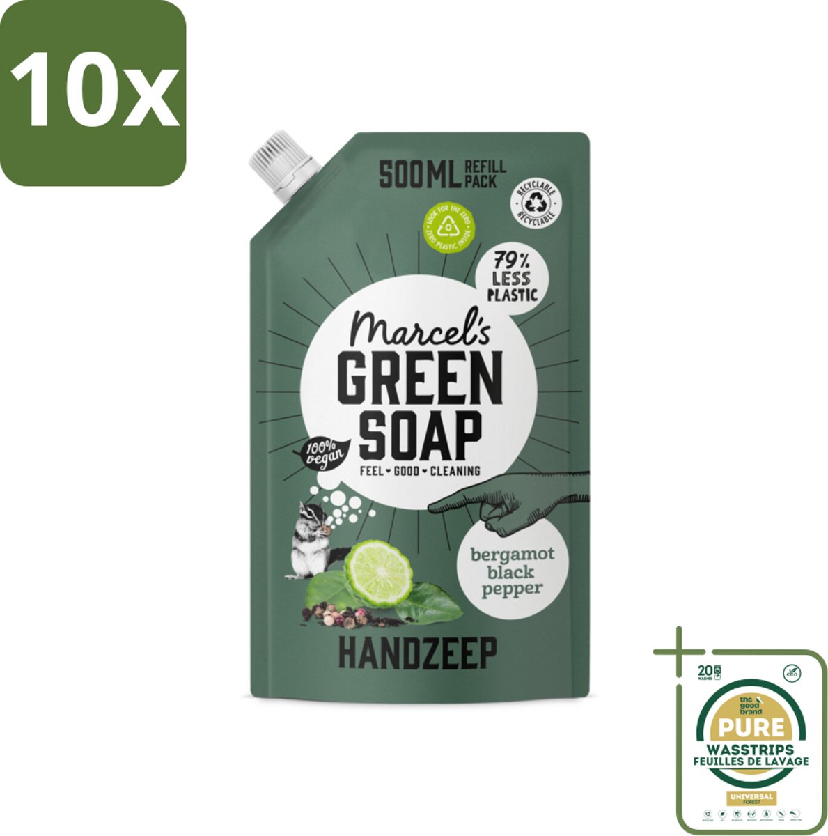 10 x Marcel's Green Soap - Handzeep - Bergamot & Black Pepper - Natuurlijke verzorging - 500 ml - Grootverpakking - Handzeep Bergamot En Zwarte Peper - Navulling Handzeep - Biologisch Afbreekbare Handzeep - Plantaardige Handzeep - Zachte Handzeep