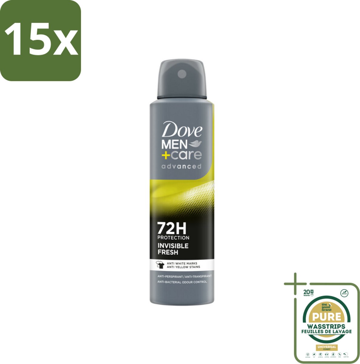 15 x Dove Men+Care Deodorant Spray - Invisible Fresh - 150 ml - Grootverpakking - Deodorant Spray - Zweetvermindering - Huidverzorging - Anti-transpirant - Witte Strepen