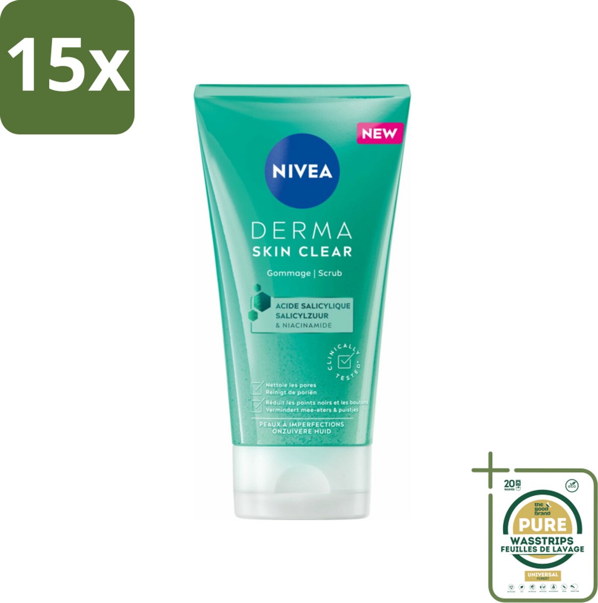 15 x NIVEA - Gezichtsscrub - DERMA Huidzuiver - Voor onzuivere huid - Met Salicylzuur (AHA) & Niacinamide - Tegen Acne & Mee-eters - 150 ml - Grootverpakking - Acne - Puistjes - Mee-eters - Onzuivere Huid - Vette Huid