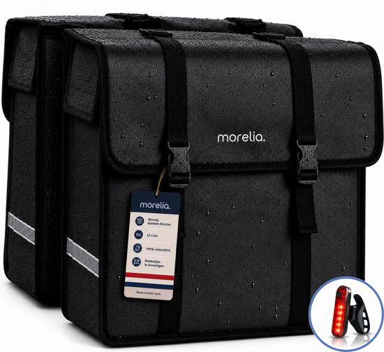 Zwarte dubbele fietstas van Morelia, 52 liter, 100% waterdicht, met reflecterende strips en gespen.