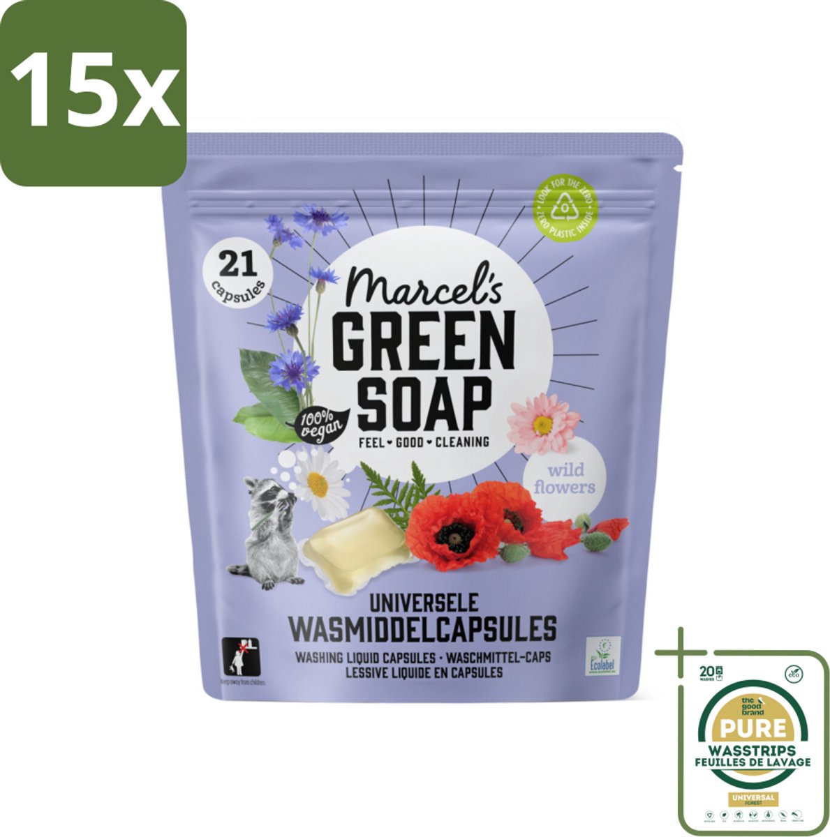 15 x Marcel's Green Soap - Wascapsules - Wilde Bloemen - Gemak in één dosis - 21 Capsules - Grootverpakking - Wascapsules - Wasmiddel - Natuurlijke Geur - Vegan Wasmiddel - Milieuvriendelijk Wasmiddel