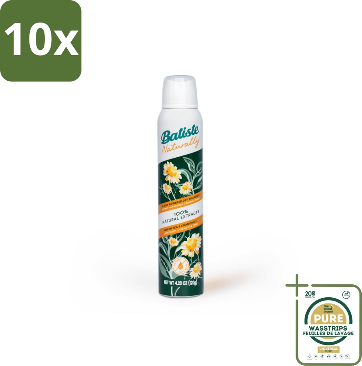 10 x Batiste - Naturally Green Tea & Chamomile - Droogshampoo - 100% Natuurlijke Extracten - Verfrist en Zuivert - 200ml - Grootverpakking - Natuurlijke Haarverzorging - Droogshampoo - Groene Thee - Kamille - Haartype