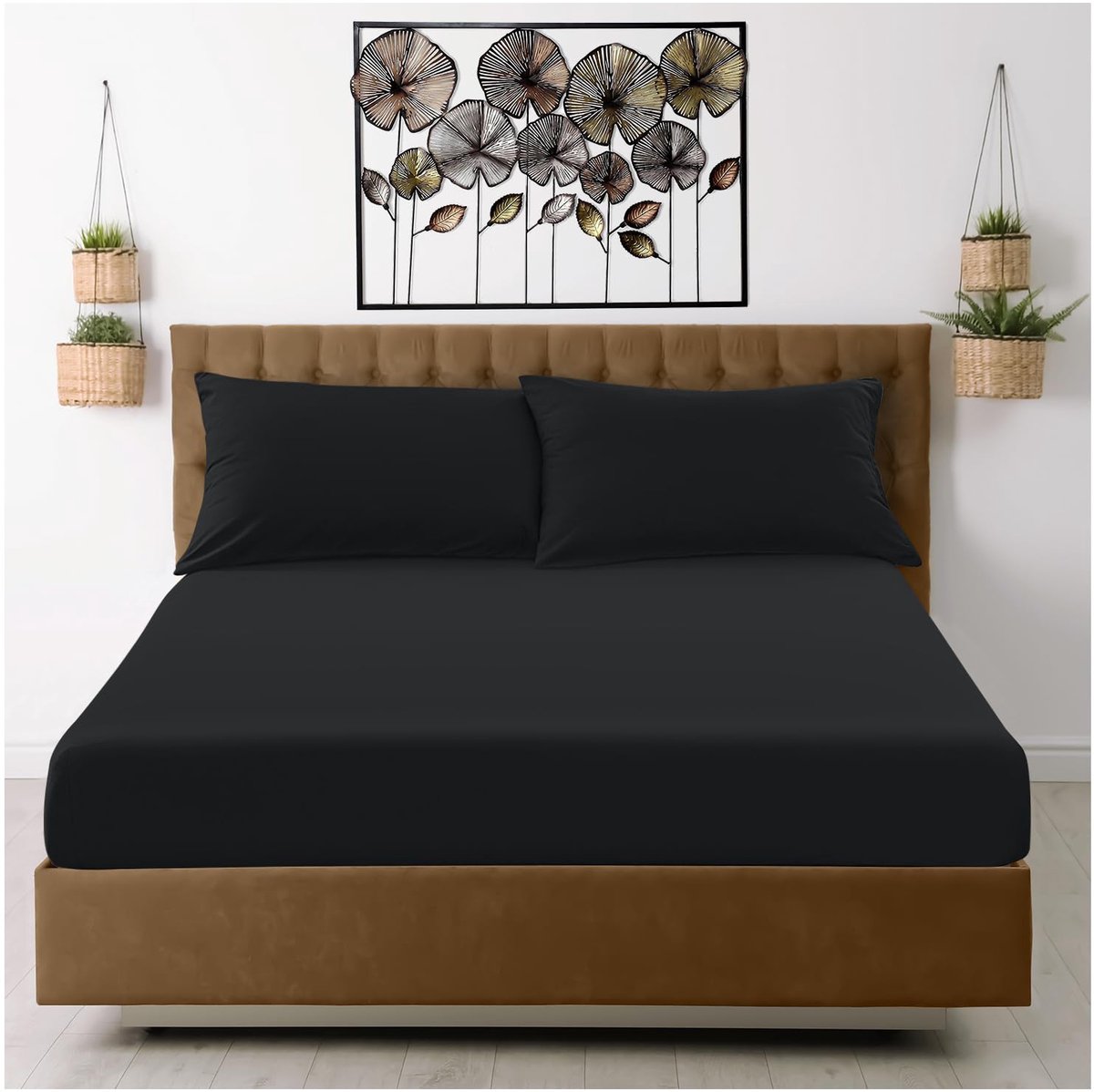 Microvezel hoeslaken tweepersoons - 137 x 193 cm - zwart - krimp- en kreukbestendig, machinewasbaar - ShopVlot