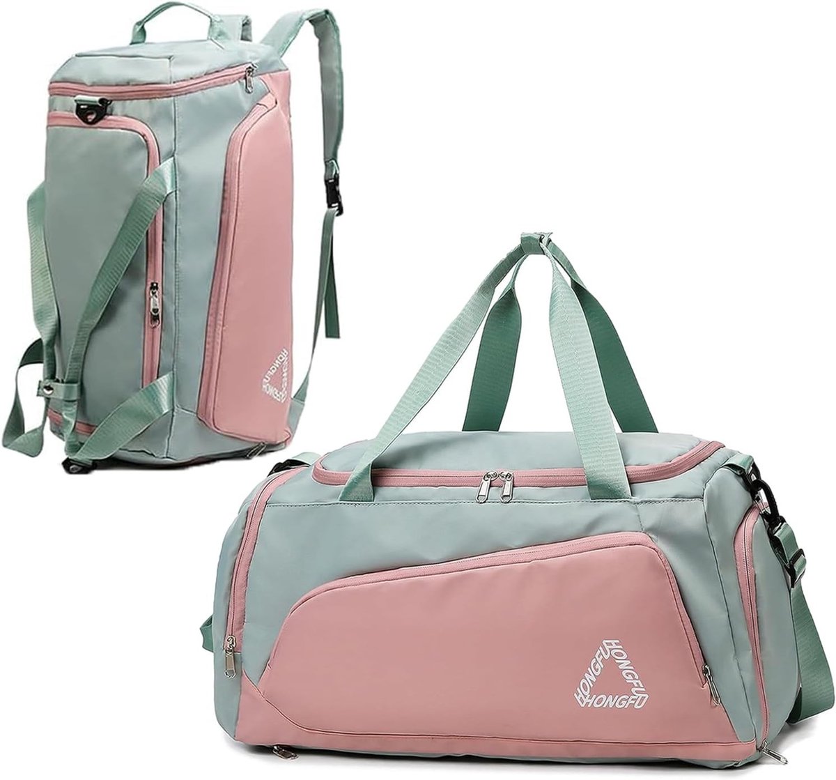 Sporttas voor Dames - Roze en Groen - 57 x 28 x 28 cm - Opvouwbare Sporttas met Schoenenvakken - Voor Sport en Reizen