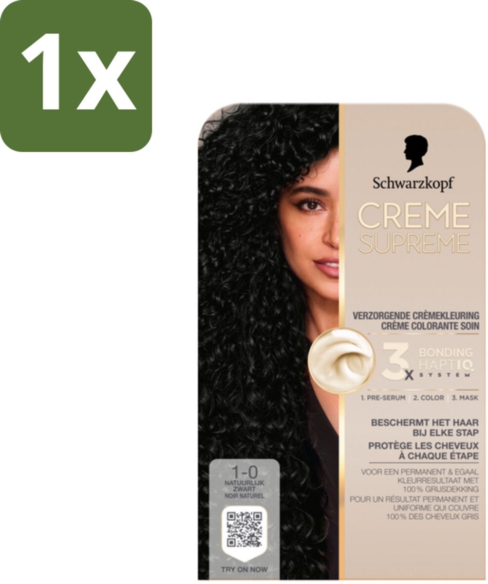 1 x Schwarzkopf - Haarkleuring - Creme Supreme 1-0 - Natuurlijk Zwart - 245g - Natuurlijk Zwart - Permanent Haarverf - Grijsdekking - Haarverzorging - Haarkleuring
