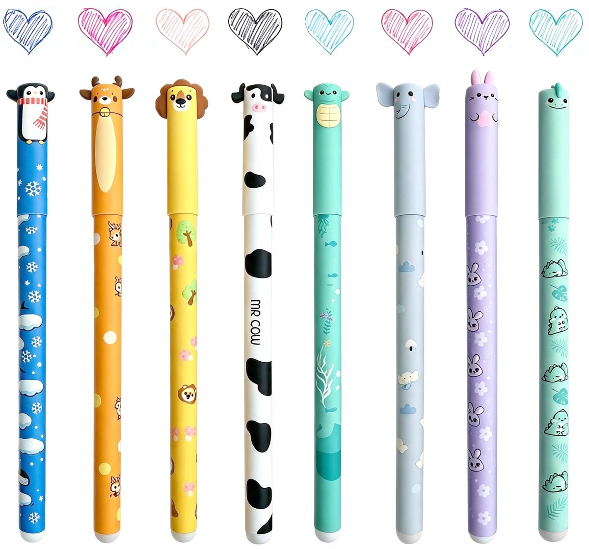 Gelpennen uitwisbaar 0,7 mm - schattige dierenmotieven - 8 stuks - perfect voor school - ShopVlot