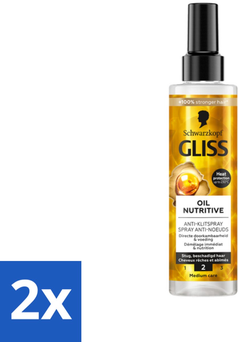 2 x Gliss - Hair Repair - Anti-Klitspray - Oil Nutritive - Makkelijk Doorkambaar Haar - 200 ml - Haarspray - Anti-klit Spray - Haarverzorging - Droog Haar - Gespleten Punten