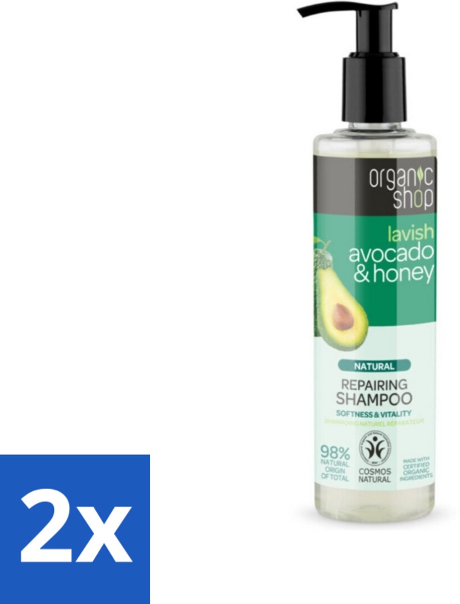 2 x Organic Shop - Natural Repairing Shampoo - Avocado & Honey - Hydraterend en Herstellend - 280 ml - Organische Shampoo - Avocado Shampoo - Honing Shampoo - Hydraterende Shampoo - Herstellende Shampoo