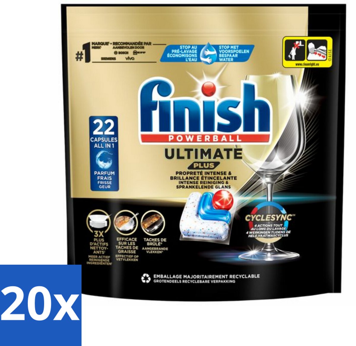 Finish - Vaatwasmiddel - Ultimate Plus Vaatwastabletten Regular - Krachtige Alles-in-1 Reiniging - 22 capsules - Bulkverpakking - 20 stuks