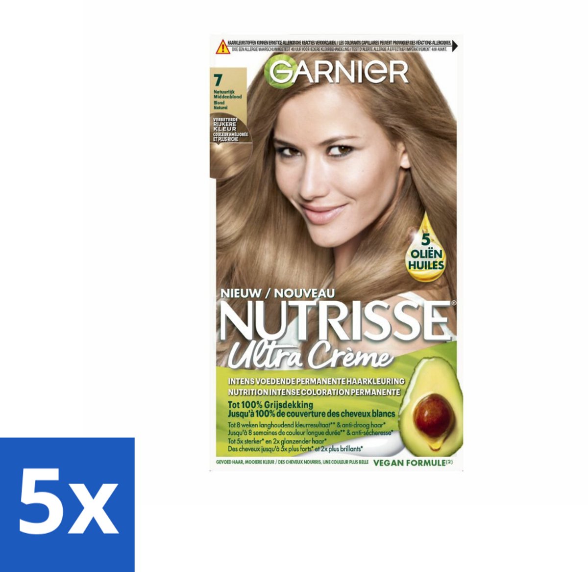 Garnier - Nutrisse Ultra Crème 7 - Haarkleuring - Natuurlijk Blond - Intens Voedend - Permanente Kleur - Bulkverpakking - 5 stuks