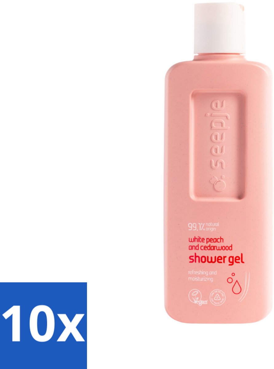 Seepje - Douchegel - Natuurlijke Geur - Witte Perzik en Cederhout - 300 ml - Bulkverpakking - 10 stuks