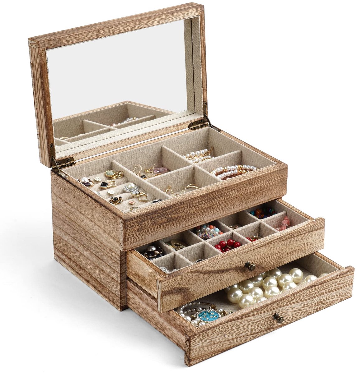 Sieradendoos organizer - 3-laags grote koffer - rustiek hout - met spiegel en ringlade voor sieraden - ShopVlot