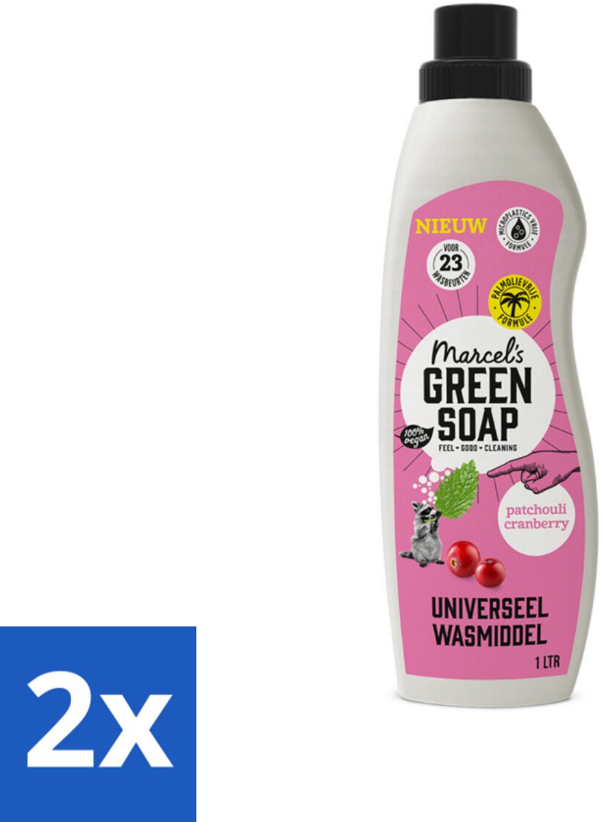 2 x Marcel's Green Soap - Vloeibaar Wasmiddel - Patchouli & Cranberry - Effectief & natuurlijk - 23 Wasbeurten - 1 liter - Wasmiddel - Biologisch Wasmiddel - Milieuvriendelijk Wasmiddel - Natuurlijke Zeep - Wasmiddel Patchouli