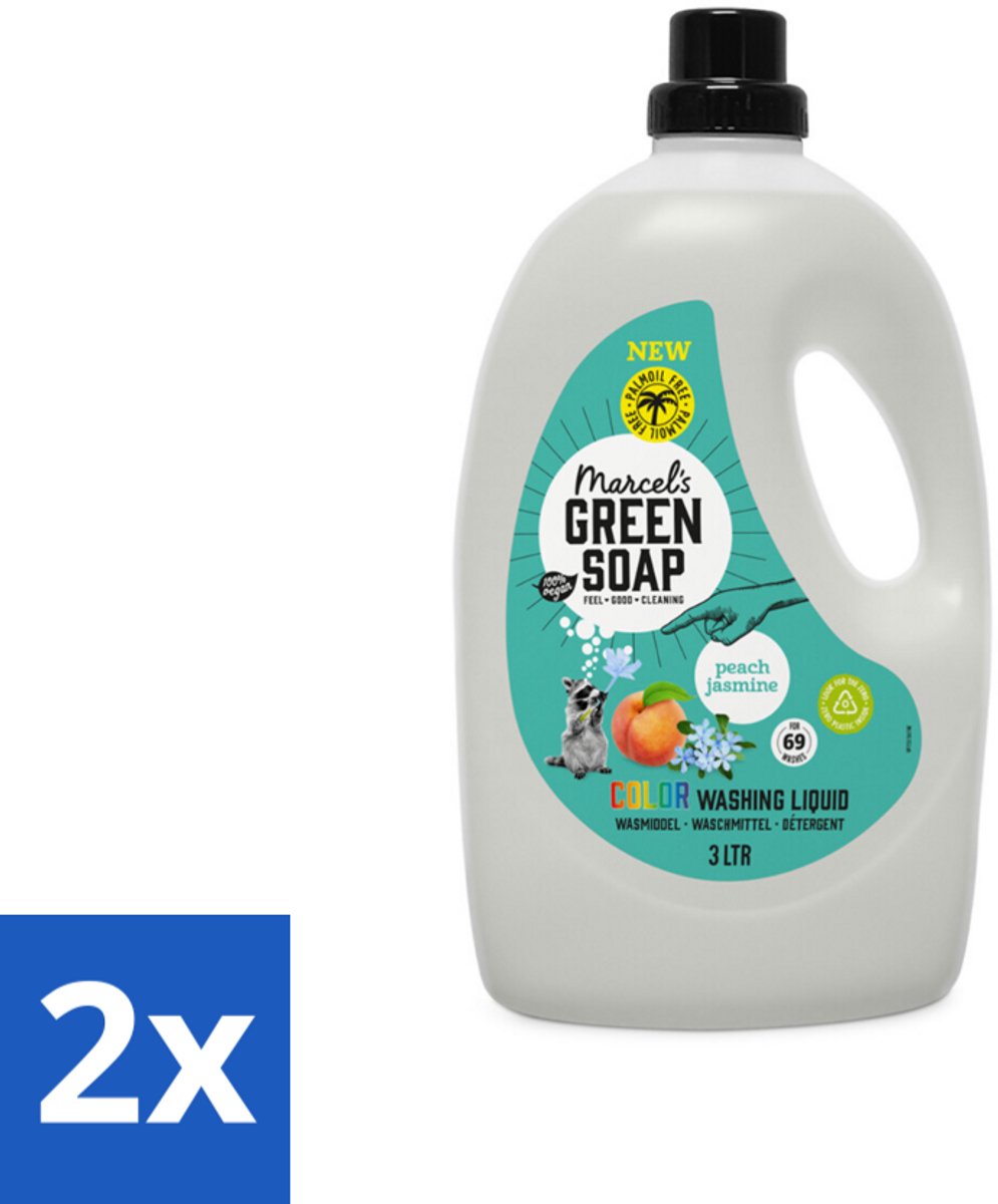 2 x Marcel's Green Soap - Vloeibaar Wasmiddel - Kleurwas - Perzik & Jasmijn - Natuurlijk & effectief - 69 wasbeurten - 3 liter - Wasmiddel - Vloeibaar Wasmiddel - Biologisch Afbreekbaar - Palmolievrij - Microplastics-vrij