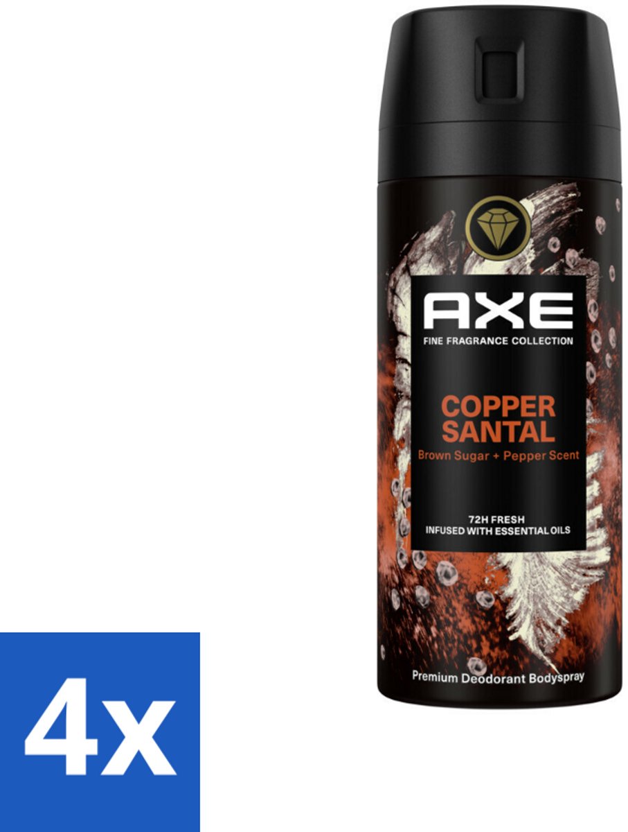 4 x AXE - Deodorant Spray - Copper Santal - Premium Geur - Warme Houtnoten - 150 m - AXE Deodorant - Copper Santal - Mannelijke Geur - Sandelhout - Bruine Suiker