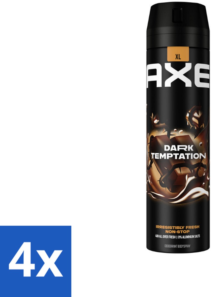 4 x AXE - Deodorant Spray - Dark Temptation - Chocoladegeur - Verleidelijk Fris - 200 ml - AXE Deodorant - Chocoladegeur - Deodorant Spray - Mannelijke Geur - Langdurige Frisheid