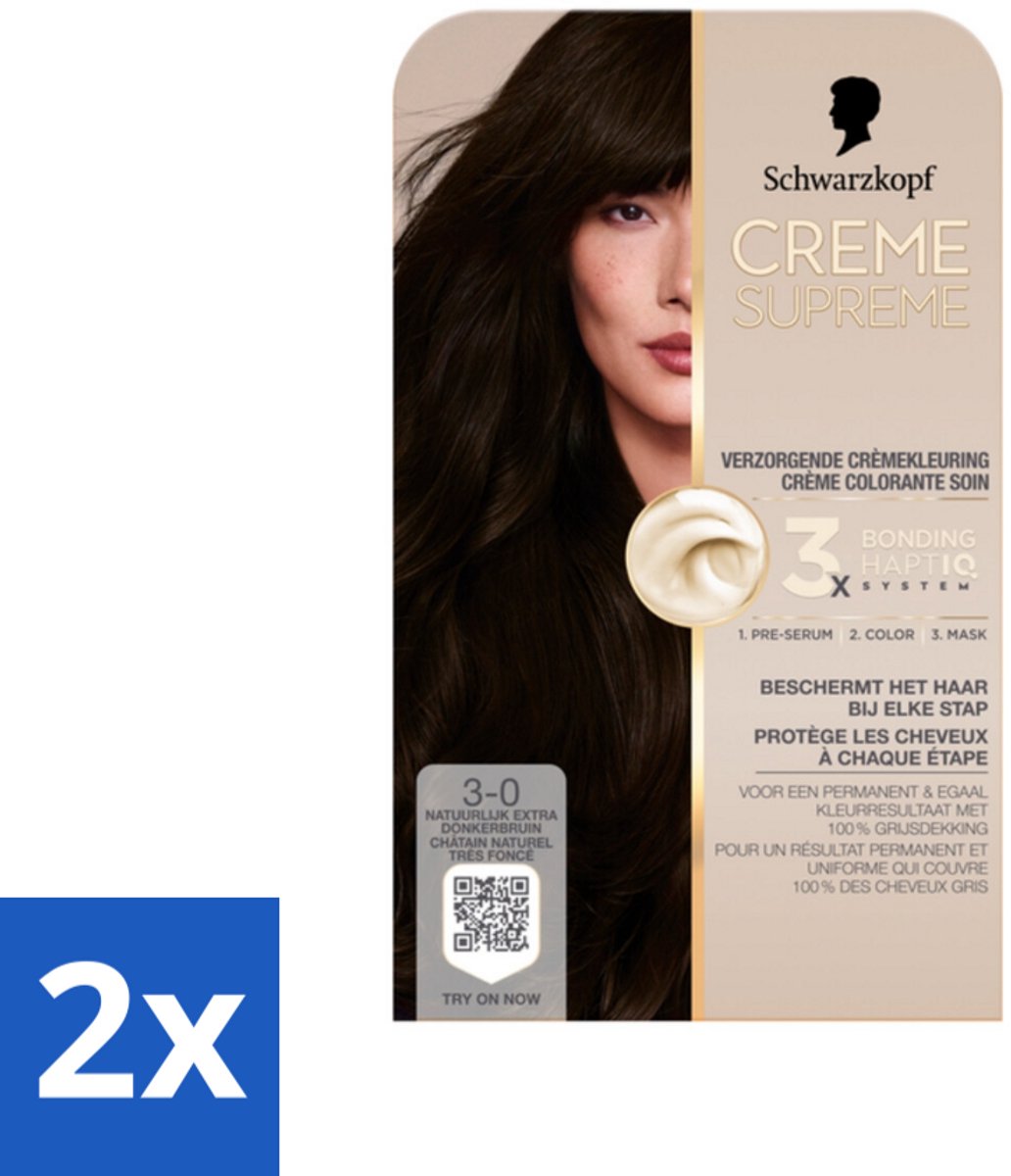 2 x Schwarzkopf - Haarkleuring - Creme Supreme 3-0 - Natuurlijk Extra Donkerbruin - 245g - Permanente Haarkleur - Donkerbruin Haar - Grijsdekking - Haarkleuring Verzorging - Schwarzkopf Creme Supreme