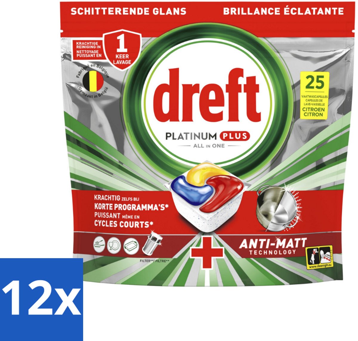12 x Dreft - Vaatwastabletten - Platinum Plus All-in-One Citroen - Frisse geur - 25 Tabletten - Vaatwassertabs - Vaatwasser Capsules - Anti-dofheid - Glanzende Vaat - Vaatwasser Schoonmaak