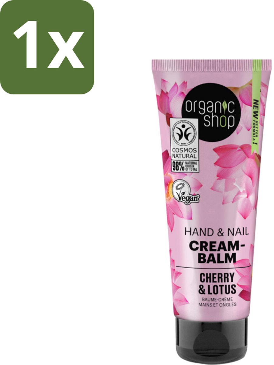 1 x Organic Shop - Hand & Nail Cream - Cherry & Lotus - Verzorgend en Hydraterend - 75 ml - Handcrème - Nagelcrème - Handen Verzorgen - Nagels Versterken - Biologische Handcrème