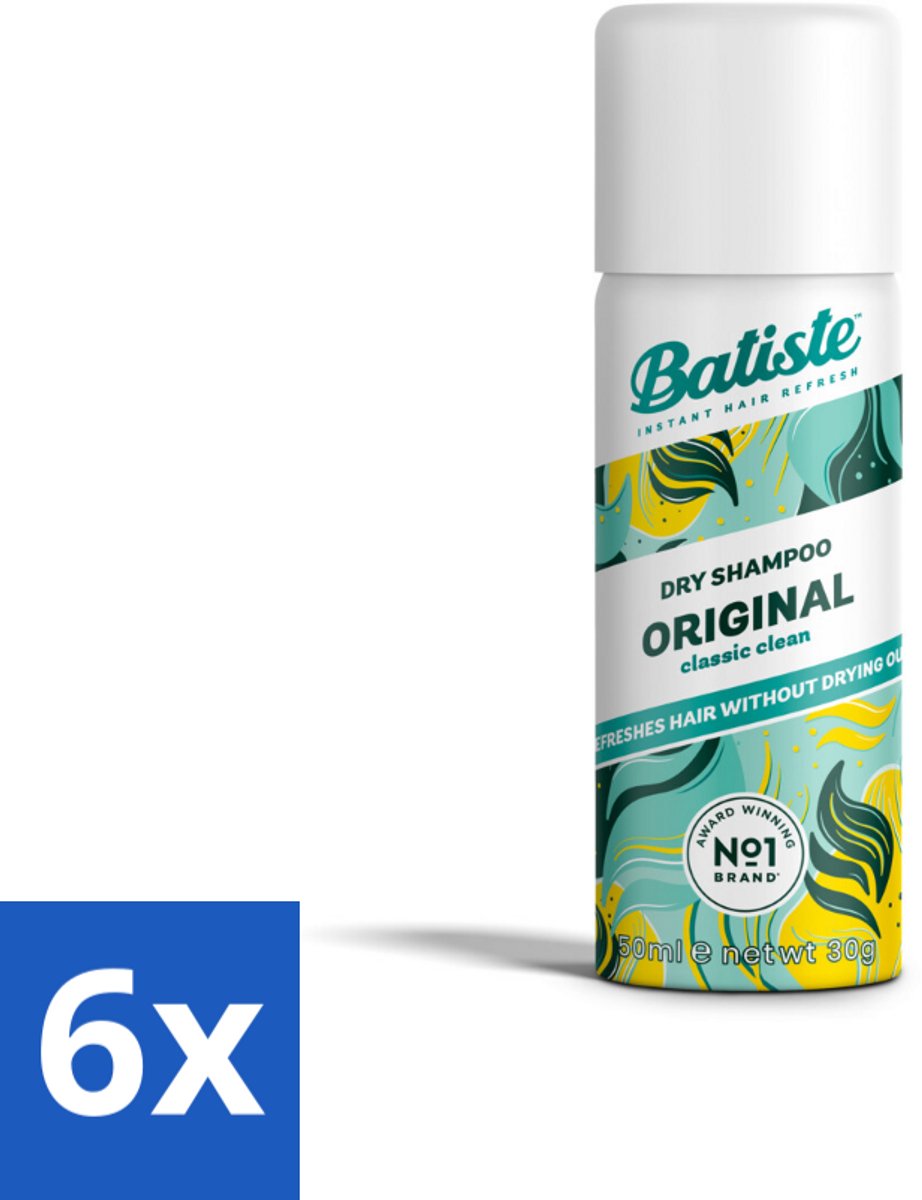 6 x Batiste - Classic Clean - Droogshampoo - Koele en Schone Geur - Verfrist en Geeft Grip - 50ml - Droogshampoo - Fris Haar - Haarverfrisser - Mini Shampoo - Travel Size
