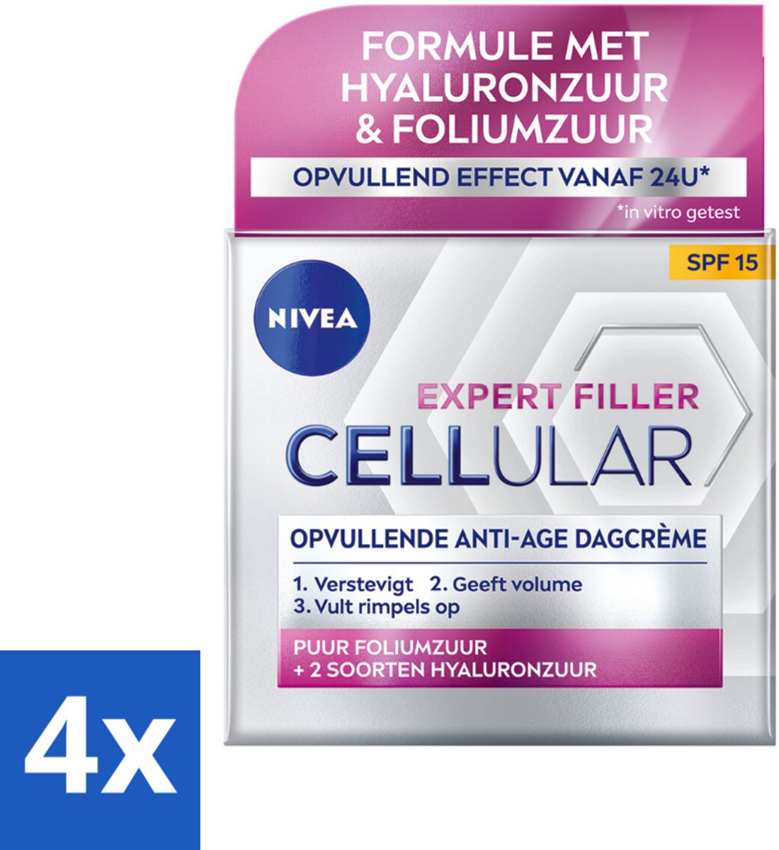 4 x NIVEA - CELLular Expert Filler Dagcrème - Anti-Veroudering Gezichtscrème - SPF 15 - Met Hyaluronzuur, Creatine & Foliumzuur - 50 ml - Anti-age Crème - Dagcrème - Hyaluronzuur - Foliumzuur - Rimpelcrème